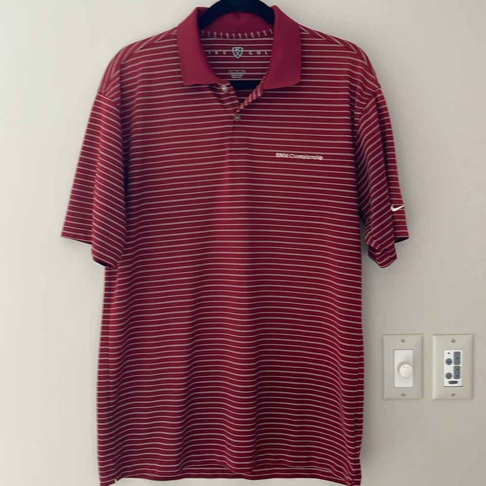 Men’s Red & White Striped Nike Golf Polo ~ BMW Championship Logo ~ Large ~ NEW